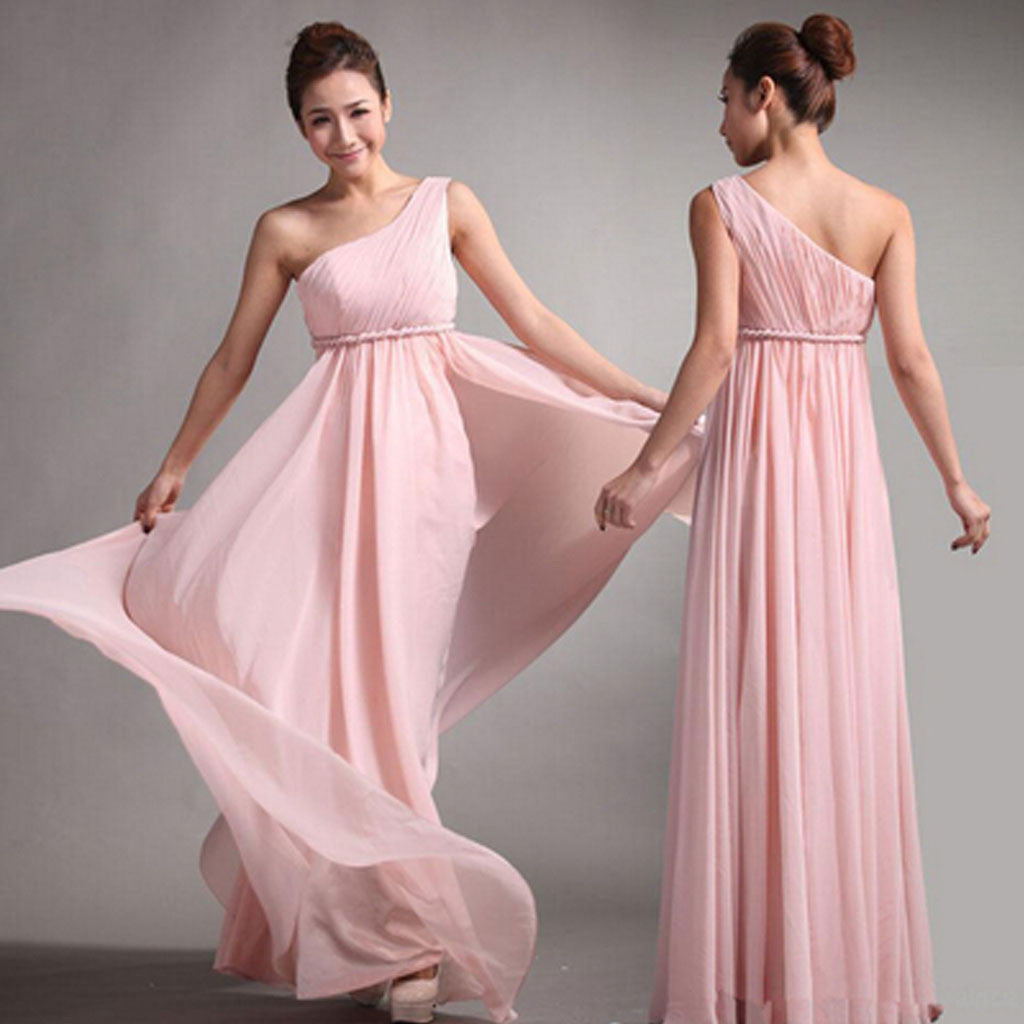 Popular Junior One Shoulder Pink Chiffon Simple Cheap Long Pleating Wedding Party Dress Hot Sale Bridesmaid Dresses, WG49