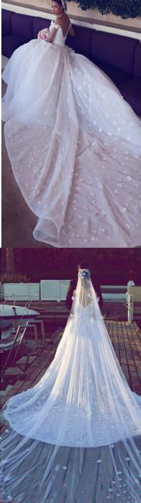 Luxurious Off shoulder Wedding Gowns Appliques Open Back Tulle Wedding Dress, WD0135