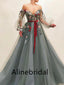 Floral Elegant V-neck Long sleeves A-line  Long Prom Dress, PD3521