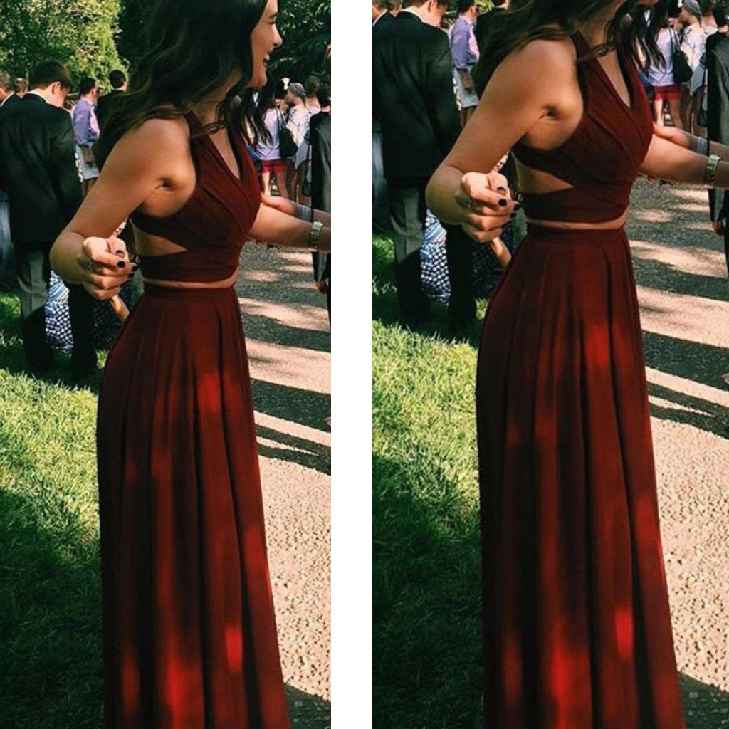 Burgundy Two Pieces Simple Gorgeous Vintage Party Prom Dresses. AB081