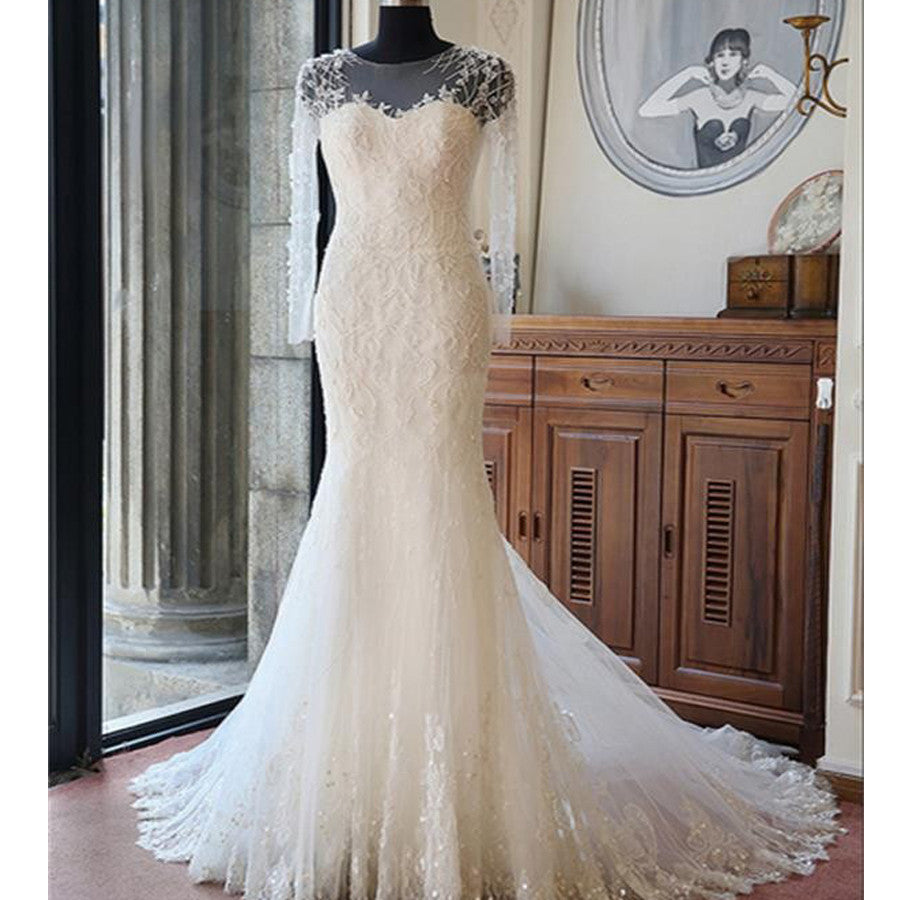 Sexy Long Sleeves Mermaid Lace Wedding Party Dresses, Unique Back Desi – AlineBridal