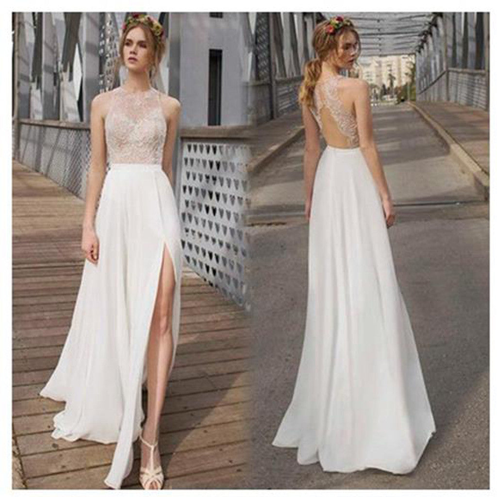 Beautiful White Side Split  Cheap Simple Beach Wedding Dresses, WD0190