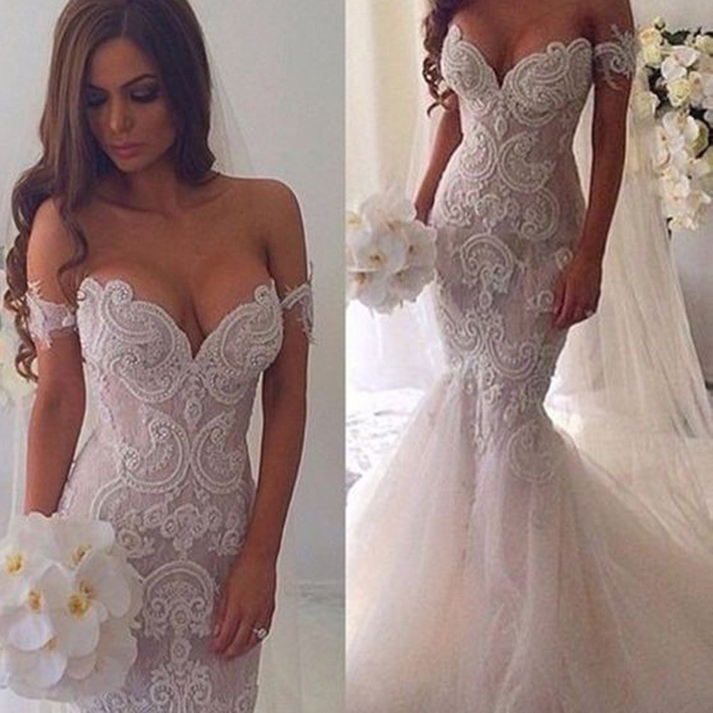 New Vintage Mermaid Off The Shoulder Formal Lace Charming Wedding Dresses. AB0220