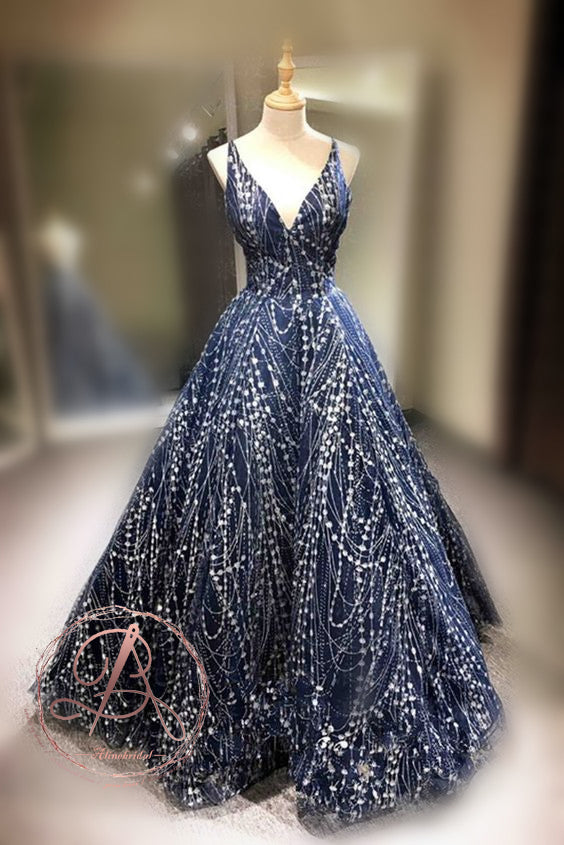 Charming Fashion Navy Spaghetti Strap V-neck Criss-Cross Backless Prom Gown Dresses,PD00056