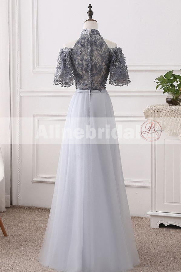 Elegant Halter Short Sleeve Grey Handmade Flower Top A-line Prom Dress AlineBridal Elegant Halter Short Sleeve Grey Handmade Flower Top A-line Prom Dress AlineBridal
