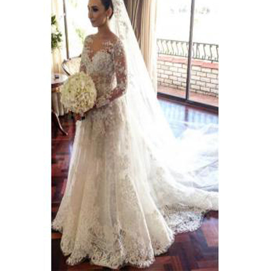 Classic Lace A-Line Wedding Dress Long Sleeve with Flowers Custom Made Wedding Gowns, WD0116