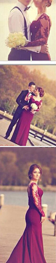 Burgundy Jersey Long Sleeve Lace Mermaid Wedding Dresses, WD0060