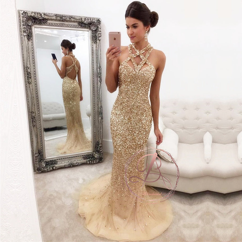 Sparkly Gold Sequins Rhinestone Unique Halter Mermaid Open Back Prom Gown Dresses,PD00058