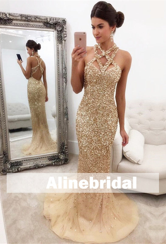 Sparkly Gold Sequins Rhinestone Unique Halter Mermaid Open Back Prom Gown Dresses,PD00058