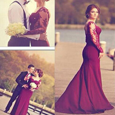 Burgundy Jersey Long Sleeve Lace Mermaid Wedding Dresses, WD0060
