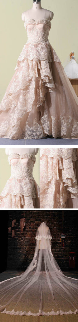 Vintage Pink Lace Sweetheart Classic Style Long A-line Wedding Party Dresses, WD0066
