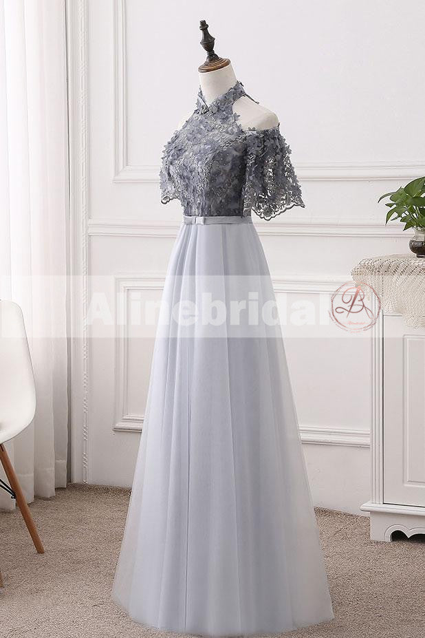 Elegant Halter Short Sleeve Grey Handmade Flower Top A-line  Prom Dresses,PD00073