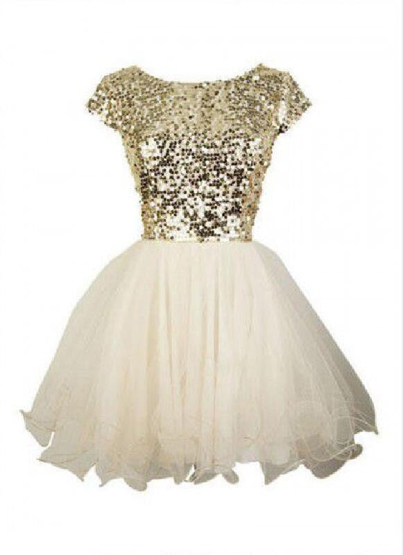 Gold sequin short sleeve Tulle homecoming prom dresses, CM0012 AlineBridal Gold sequin short sleeve Tulle homecoming prom dresses, CM0012 AlineBridal
