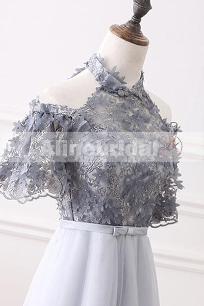 Elegant Halter Short Sleeve Grey Handmade Flower Top A-line  Prom Dresses,PD00073