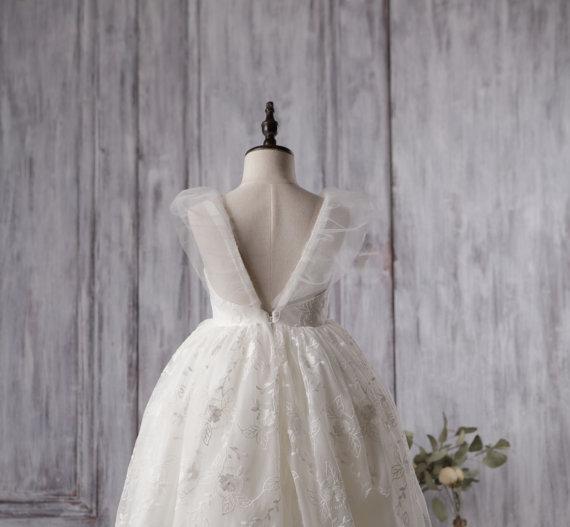 Ivory Cute Lace Tulle Flower Girl Dresses, V-back Cap Sleeve Little Gi AlineBridal Ivory Cute Lace Tulle Flower Girl Dresses, V-back Cap Sleeve Little Gi AlineBridal