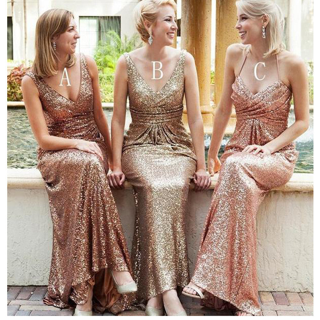 New Sequined Floor Length V-Neck Sexy Long Bridesmaid Dresses, AB090