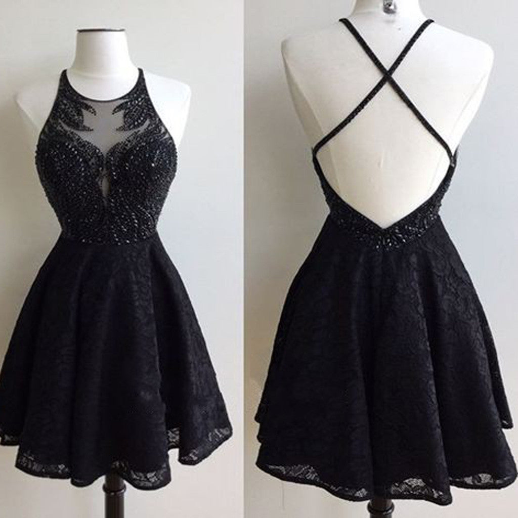 Black Lace Open Back Beaded Sexy Party homecoming prom dresses, CM0013