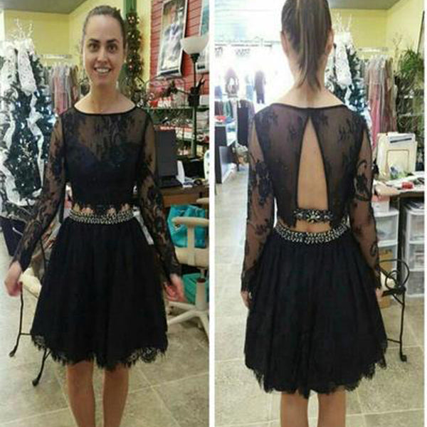 Black long sleeve lace simple see through sexy casual homecoming dress – AlineBridal