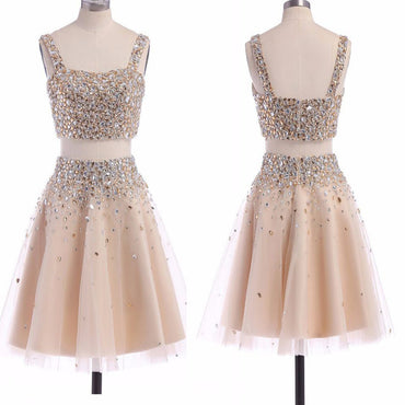 Popular Two Pieces Sparkly Unique Square Neck Homecoming Dresses,BD0098