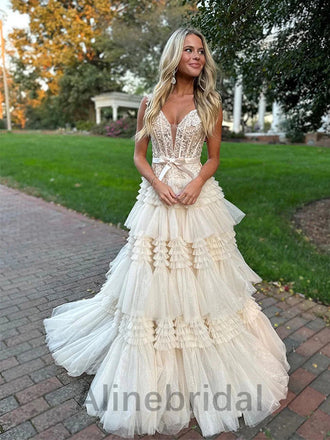 Elegant Ivory V-neck Sleeveless A-line Long Prom Dress, PD3575