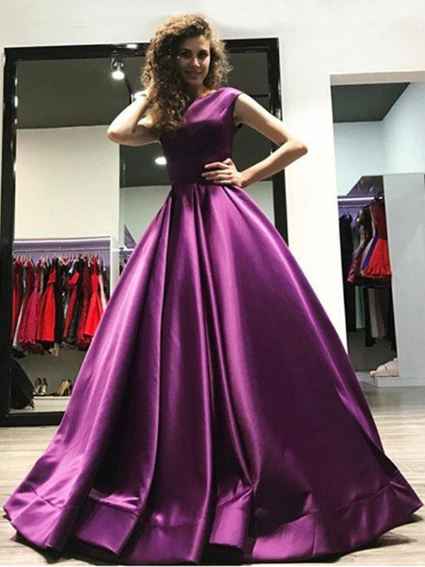 A-Line Bateau Floor-Length Pleated Purple Satin Modest Prom Dresses, P – AlineBridal