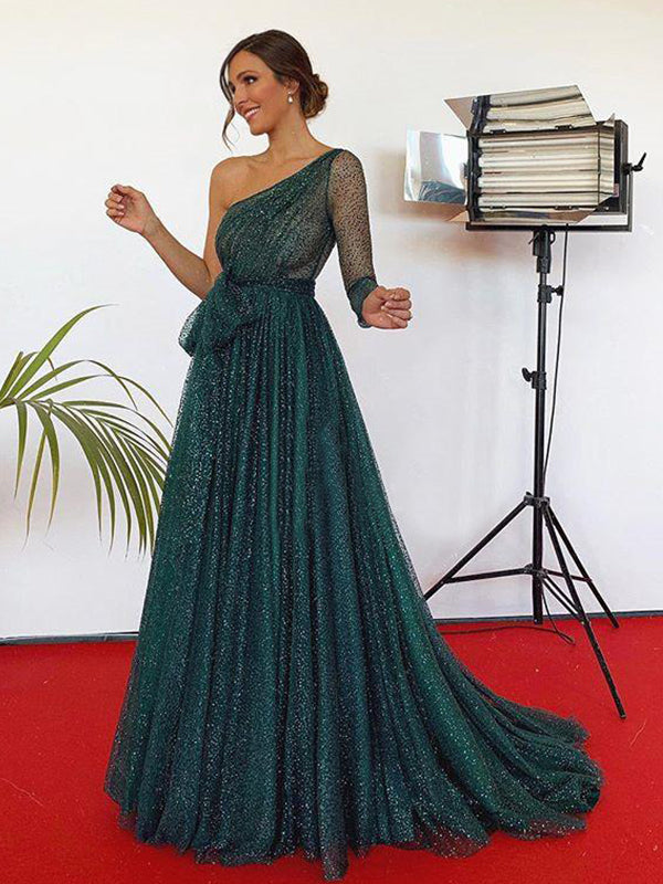 A-Line Green Sequin Tulle One Shoulder Modest Sparkly Long Prom Dresses PD1967