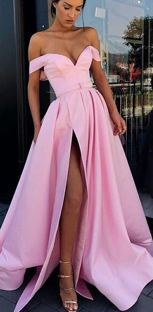 A-Line Charming  Off Shoulder Pink Best Sale Prom Dresses with Belt, PD0939