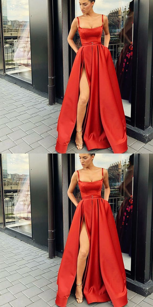 A-Line Custom Elegant Spaghetti Straps Split Front Red Prom Dresses with Belt, PD0940