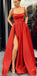 A-Line Custom Elegant Spaghetti Straps Split Front Red Prom Dresses with Belt, PD0940