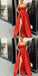 A-Line Custom Elegant Spaghetti Straps Split Front Red Prom Dresses with Belt, PD0940