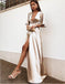 A-Line Deep V-Neck Cheap Modest Satin Evening Prom Dress with Split, PD0909 - SposaBridal