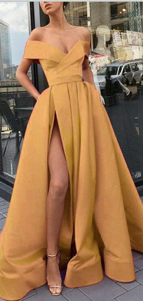 A-Line Elegant Gold Long Women Formal Prom Dresses,Evening Gowns with Split, PD0942