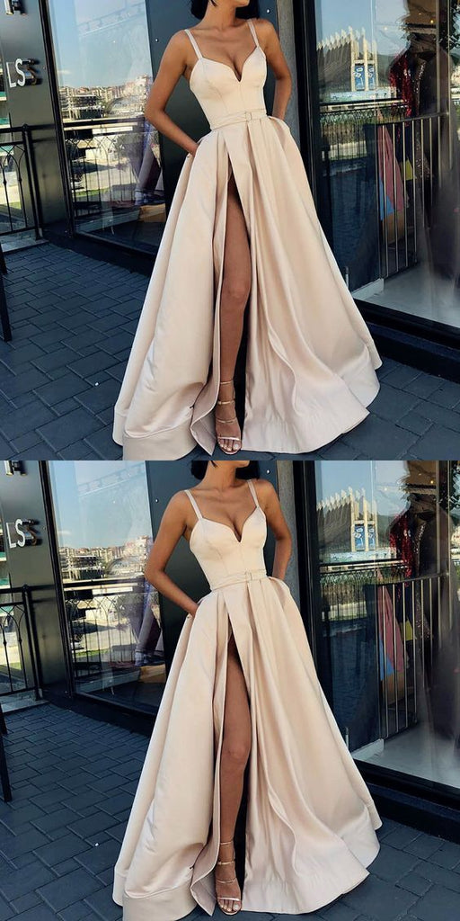 A-Line Formal Custom Spaghetti Straps Sweep Train Split Front Prom Dresses with Belt, PD0943