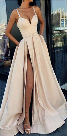 A-Line Formal Custom Spaghetti Straps Sweep Train Split Front Prom Dresses with Belt, PD0943