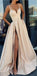 A-Line Formal Custom Spaghetti Straps Sweep Train Split Front Prom Dresses with Belt, PD0943