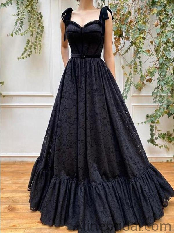 A-line Black Lace Popular Prom Dresses PD1032