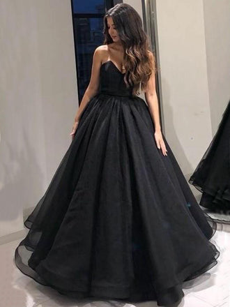 Black Satin Strapless Pockets Ball Gown Formal Prom Dresses