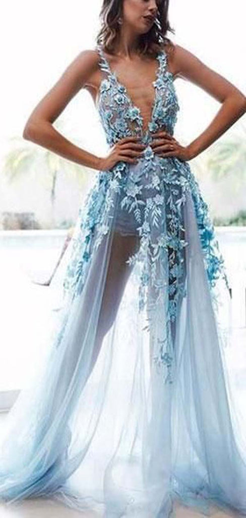 A-line Blue Tulle Fashion Long Modest Prom Dresses with Appliques PD1963