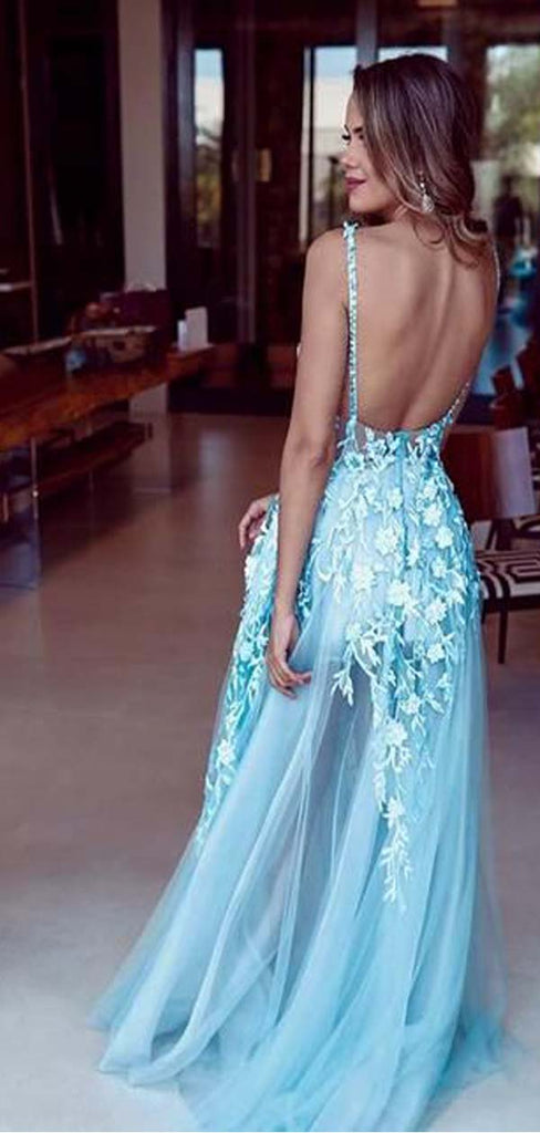 A-line Blue Tulle Fashion Long Modest Prom Dresses with Appliques PD1963