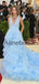 A-line Blue V-Neck Elegant Tulle Evening Long Prom Dresses PD1003