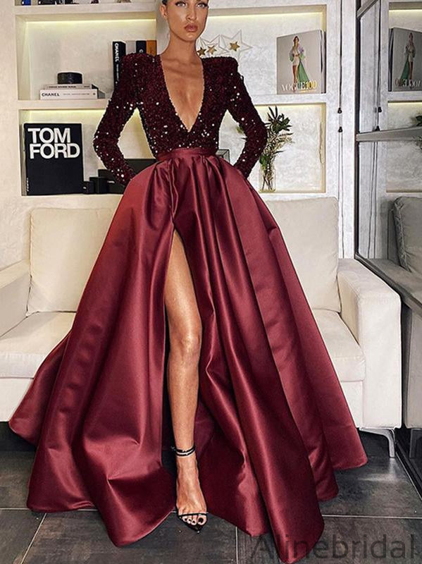 A-line Bugundy Red Deep V-Neck Long Fashion Prom Dresses PD1039 –  AlineBridal
