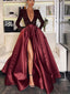 A-line Bugundy Red Deep V-Neck Long Fashion Prom Dresses PD1039