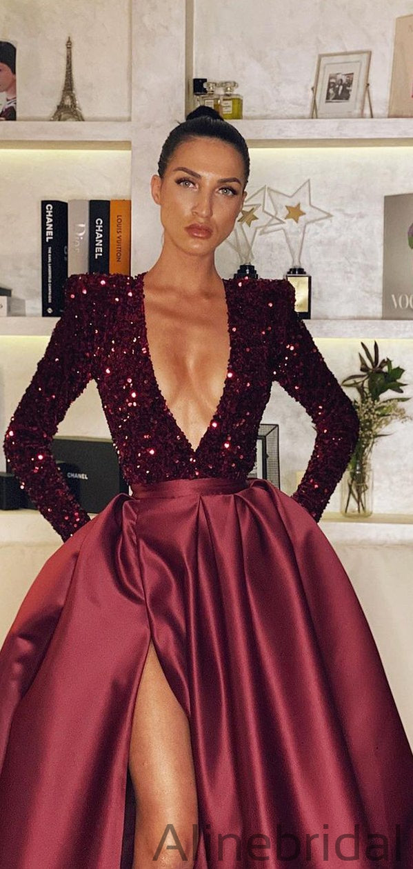 A-line Bugundy Red Deep V-Neck Long Fashion Prom Dresses PD1039