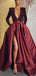 A-line Bugundy Red Deep V-Neck Long Fashion Prom Dresses PD1039