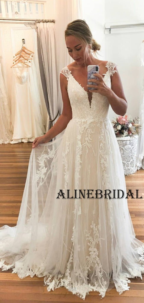 A-line Lace Vintage Beach Wedding Dresses WD1200