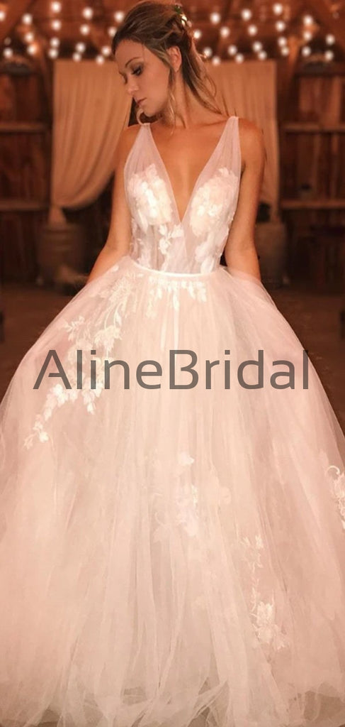 A-line Newest V-Neck Applique Evening Prom Dresses PD1016