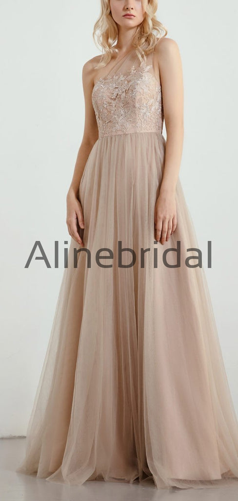 A-line One Shoulder Tulle Top Lace Long Bridesmaid Dresses AB4237