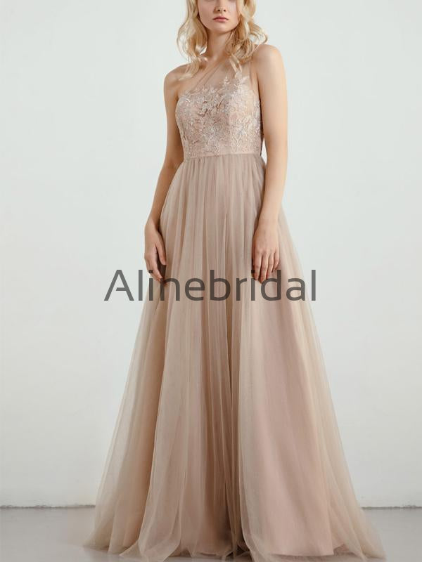 A-line One Shoulder Tulle Top Lace Long Bridesmaid Dresses AB4237
