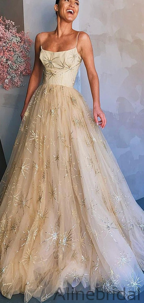 A-line Spaghetti Straps Tulle Elegant Prom Dresses PD1040