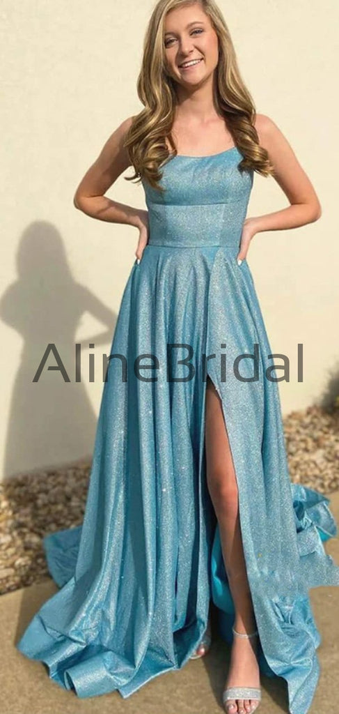 A-line Spahetti Staps Blue Green Stunning Sequin Cheap Prom Dresses PD1018
